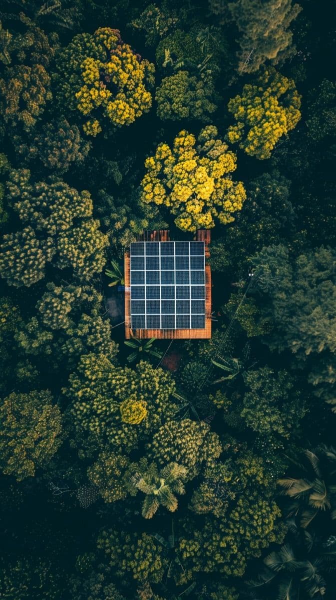 Aerial view of a solar array set among dense forest canopy